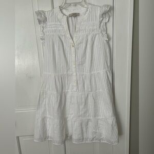 Loft 100% Cotton White Sleeveless Ruffle Pintriped Tiered 1/2 Button Up Dress S